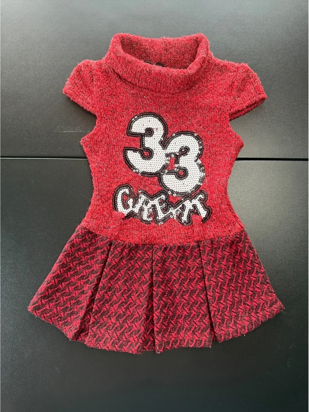 Y2K Girls 2T Red Black Sweater Dress Sequin 33 Varsity Pleated Skirt Sparkle